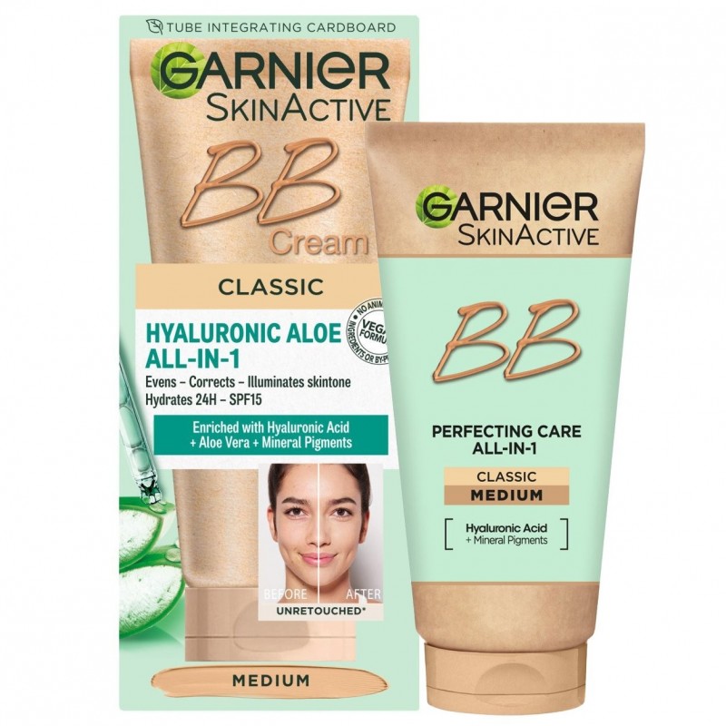 GARNIER SKINACTIVE BB ΕΝΥΔΑΤΙΚΗ ΚΡΕΜΑ ΠΡΟΣΩΠΟΥ ΜΕ ΥΑΛΟΥΡΟΝΙΚΌ ΚΑΙ ΑΛΟΗ ALL-IN-1 MEDIUM SPF15 50ML