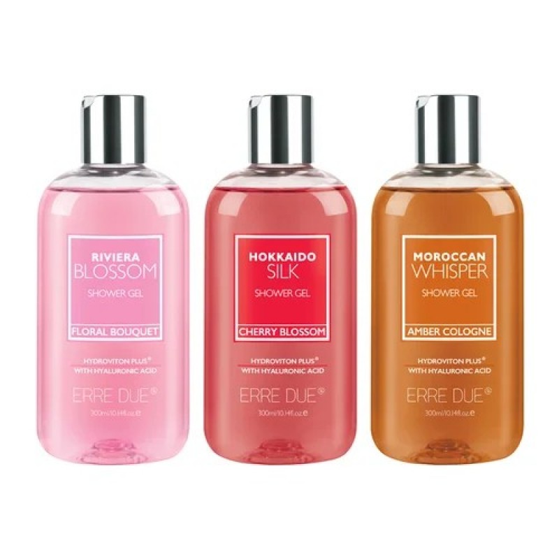 ERRE DUE BODY CARE SHOWER TIME SHOWER GEL 300ML-RIVIERA BLOSSOM-HOKKAIDO SILK SHOWER GEL 300ML- MOROCCAN WHISPER SHOWER GEL300ML