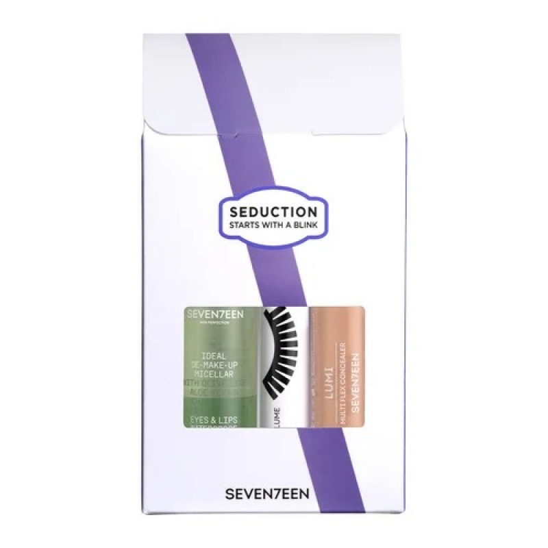 SEVENTEEN SET N.01 (FIBER VOLUME MASCARA N.01-LUMI MULTI FLEX CONCEALER N.02-IDEAL DE MAKE UP MICCELAR 50ML)-SILKY METALLIC N.09