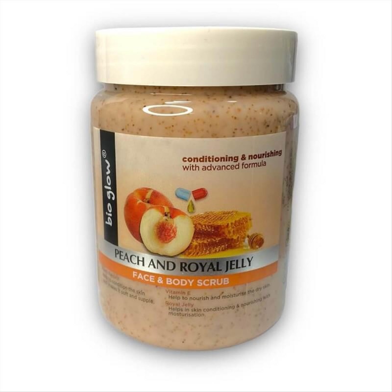 BIO GLOW FACE BODY SCRUB PEACH AND ROUAL JELLY 500ML